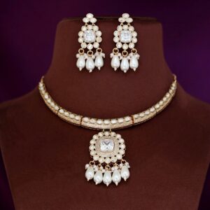 Premium Etasha AD Stone Pearl Stiff Neckpiece With Earring