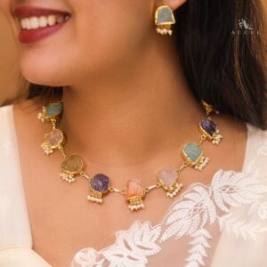 Alessandria Raw Stone Pearl Short Neckpiece With Earring