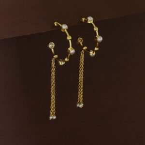 Golden Tetra Pearl Hanging Tri Chainy Hoop Earring