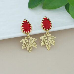 Golden Maple Leaf Dew Drop Glossy Stone Earring