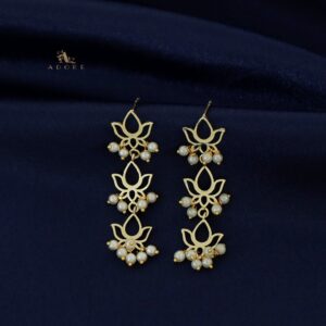 Golden Tri Lotus Pearl Cluster Earring