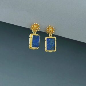 Golden Sunburst Flower Rectangle Raw Stone Earring