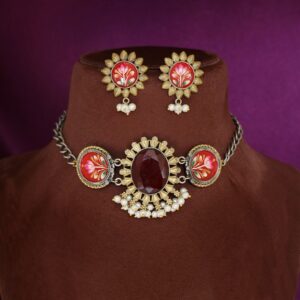 Ekanthika Hand Painted Oval Glossy Pearl Choker With Earring
