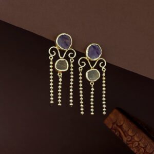 Golden Tri Ball Hanging Dual Raw Stone Earring