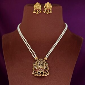 2 Layer Pearl Temple Prathishta Pendant Neckpiece With Earring