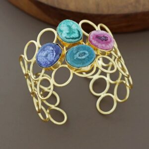 Golden 3 Layer Circle Tetra Agate Stone Bangle