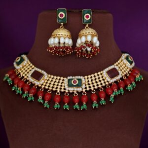 Golden Ball Rectangle Glossy Beaded Short Neckpiece With Earring