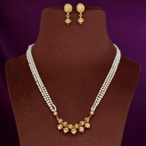 Amiya 3 Layer Pearl Golden Ball Neckpiece  With Earring
