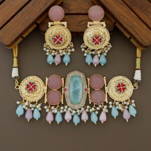 Banhi Jadau Kundan Flower Pearl Beaded Choker With Earring