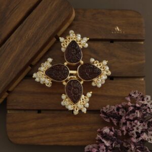 Golden Carved 4 Petal Cluster Pearl Ring