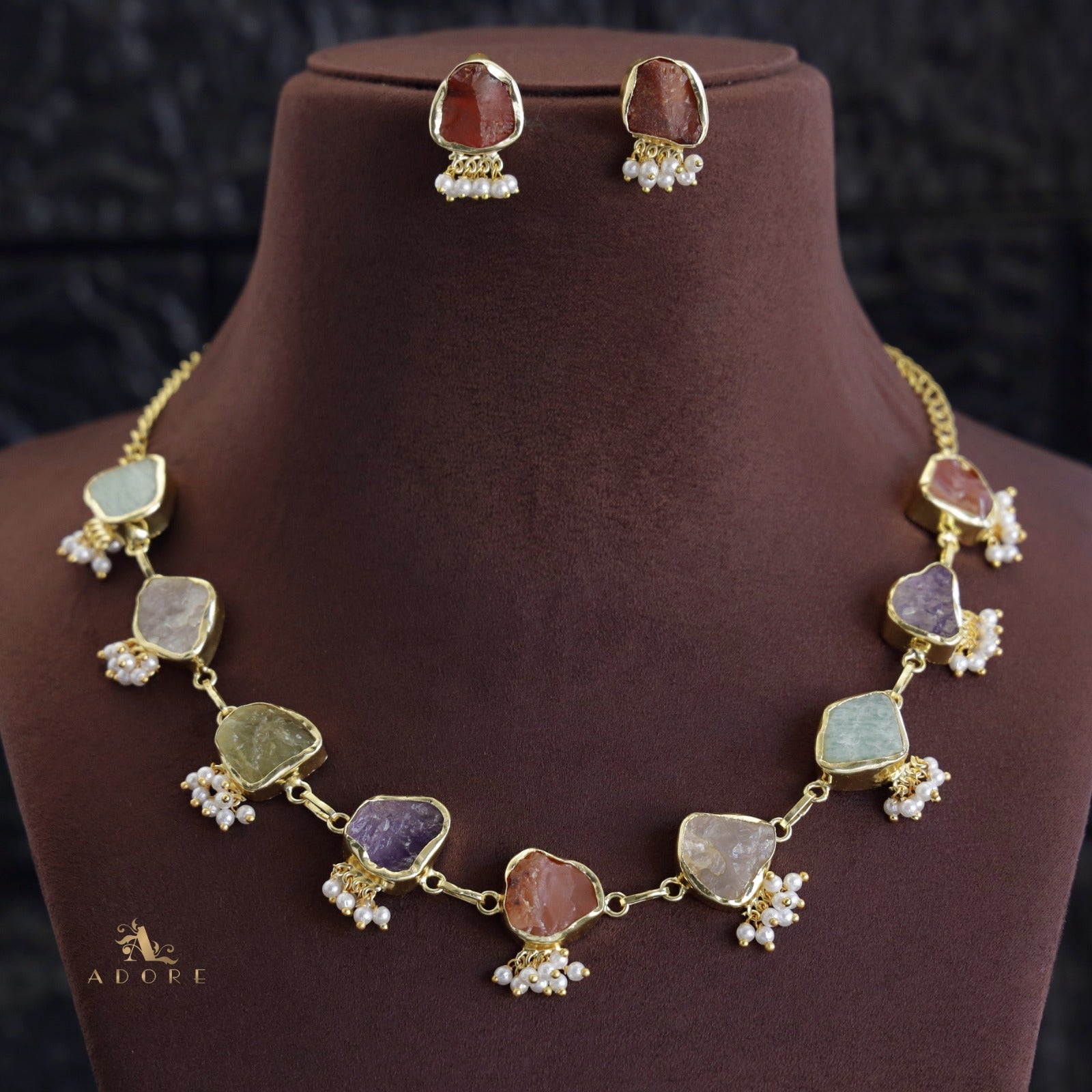 Alessandria Raw Stone Pearl Short Neckpiece With Earring - Image 27