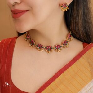 Anshika Golden Beads Lotus Neckpiece With Earring
