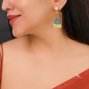 Golden Box And Drop Dyed Stone Pearl Earring