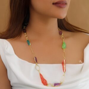 Jisna Golden Hammered Rectangle Circle Dyed Stone Neckpiece