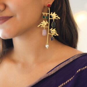 Nyle Golden Twisted Stick Tri Bird Pearl Glossy Stone Earring