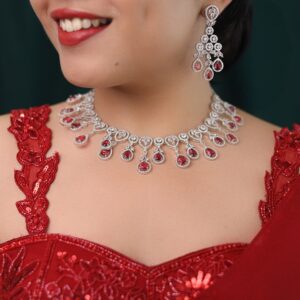 Premium Saiya AD Stone Glossy Drop Short Neckpiece With Earring