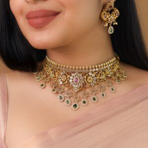 Premium Rugveda Floral Mayura Stiff Choker With Earring