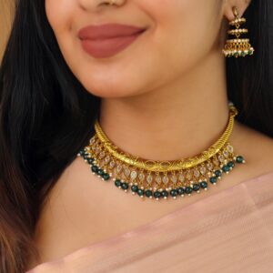 Premium Beaded Drop Stiff Wings Short Neckpiece With Earring