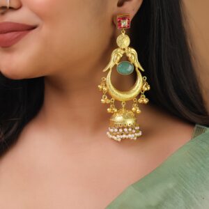 Golden Drop Kundan Pearl Hanging Jhumka Kashmiri Earring