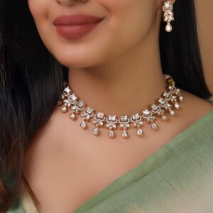 Premium Pritha Kundan Square Drop Short Neckpiece With Earring