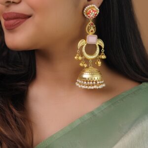 Ruhi Glossy Leaf Pearl Ghungroo Kashmiri Jhumka