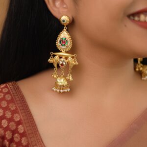 Gul Jadau Kundan Flower Ghungroo Pearl Kashmiri Jhumka