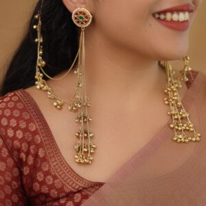 Ashoka Jadau Kundan Hanging Ghungroo Kashmiri Earring With Ear Chain