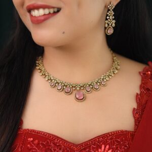 Premium Darcie AD Stone Glossy Drop Short Neckpiece With Earring