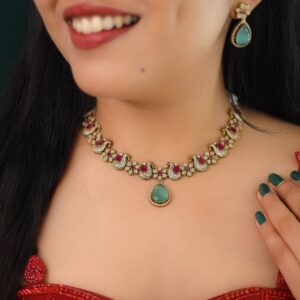 Premium Shanaya AD Stone Glossy Swan Drop Short Neckpiece With Earring