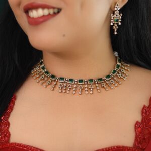 Premium Rectangle Glossy Triangle Drop Short Neckpiece With Earring