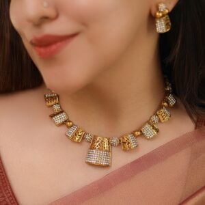 Samvrudhi Rectangle Stoned Short Neckpiece With Earring