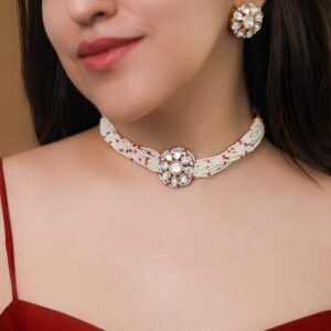 Premium Layered Bead Kundan Flower Choker With Earring