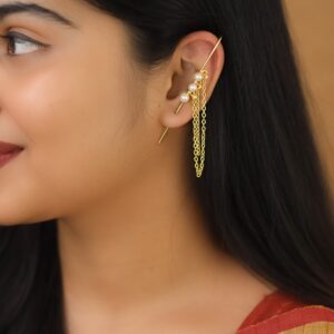 Mehul Golden Tri Pearl Chain Hanging Ear-Cuff (Set Of 2)