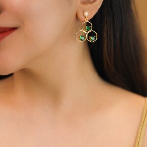 Golden Tri Hexagon Glossy Pearl Earring