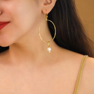 Zama Golden Hammered Circle Pearl Drop