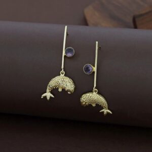 Golden Stick Glossy Stone Fish Earring