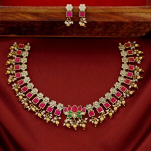 Chinta Floral Jadau Kundan Short Neckpiece With Earring