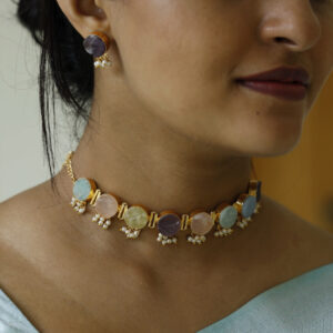 Multicolour Alessandra Raw Stone Pearl Choker With Stud