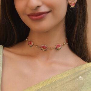 Golden Ball Advaita Enamel Lotus Short Neckpiece / Choker With Earring