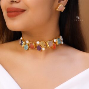 Brenda Golden Raw Stone + Pearl Choker With Stud